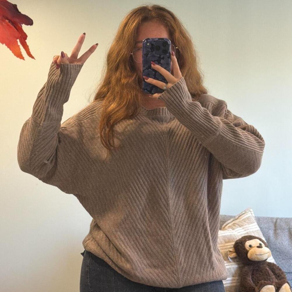 Worthington Taupe Oversized Batwing Ribbed Sweater L